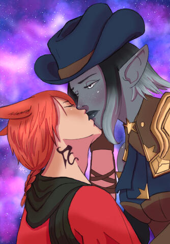 Final Fantasy XIV's G'raha Tia and the Warrior of Light share a somber kiss. Behind them is the nebulous expanse of space.