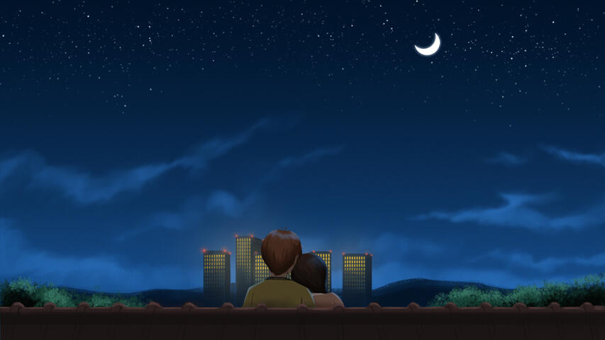 A digital painting of Fruits Basket's Kyo and Tohru, sitting on the roof under the moonlight.