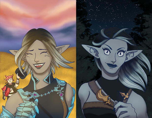 The full cover for Lover's Heart - Iolaine running toward the viewer, each at the beginning of her journey and at the end.