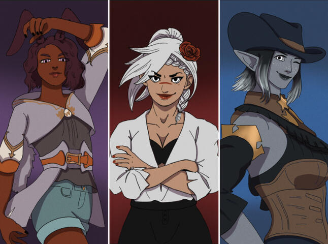 A group of 3 drawings of players from Final Fantasy XIV.