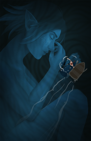 A digital painting of a woman underwater, asleep and vulnerable. Above her is a man floating at the surface beside a row boat, peering into the depths.