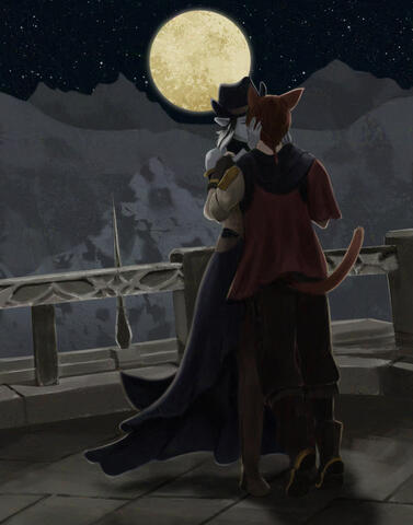 Final Fantasy XIV's Warrior of Light and G'raha Tia share a kiss under the moon.